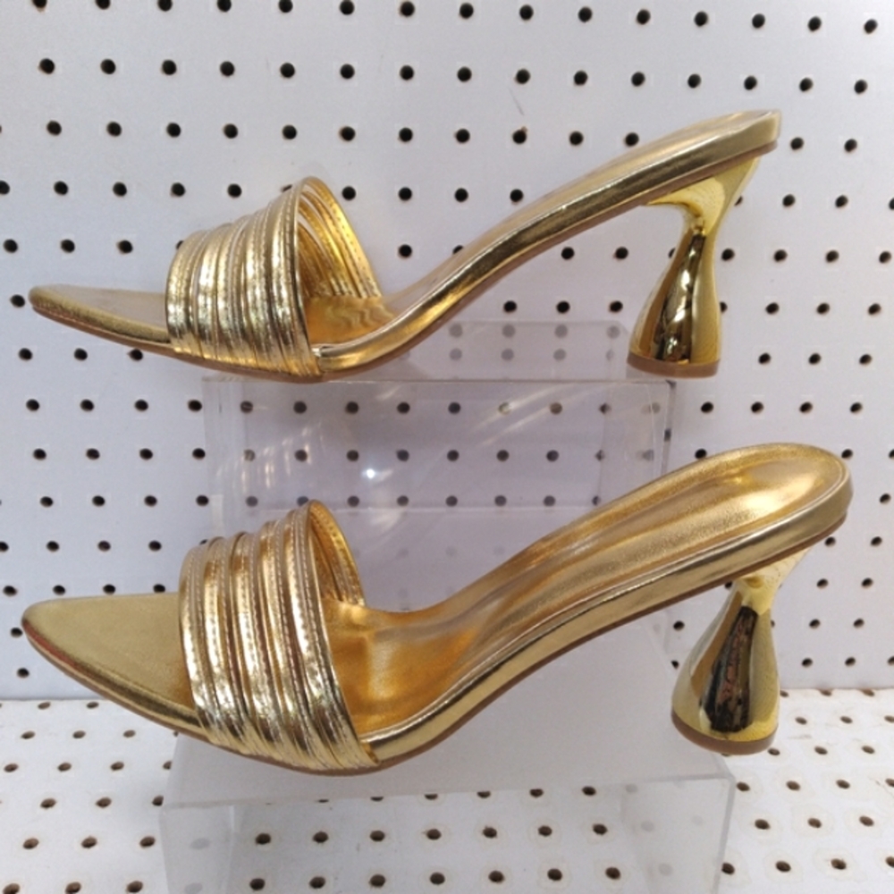 Gold Metallic Leather 3" Mid Heel Strappy Kitten-Heel Pump Peep-toe & Pointy-Toe - Picture 3 of 7
